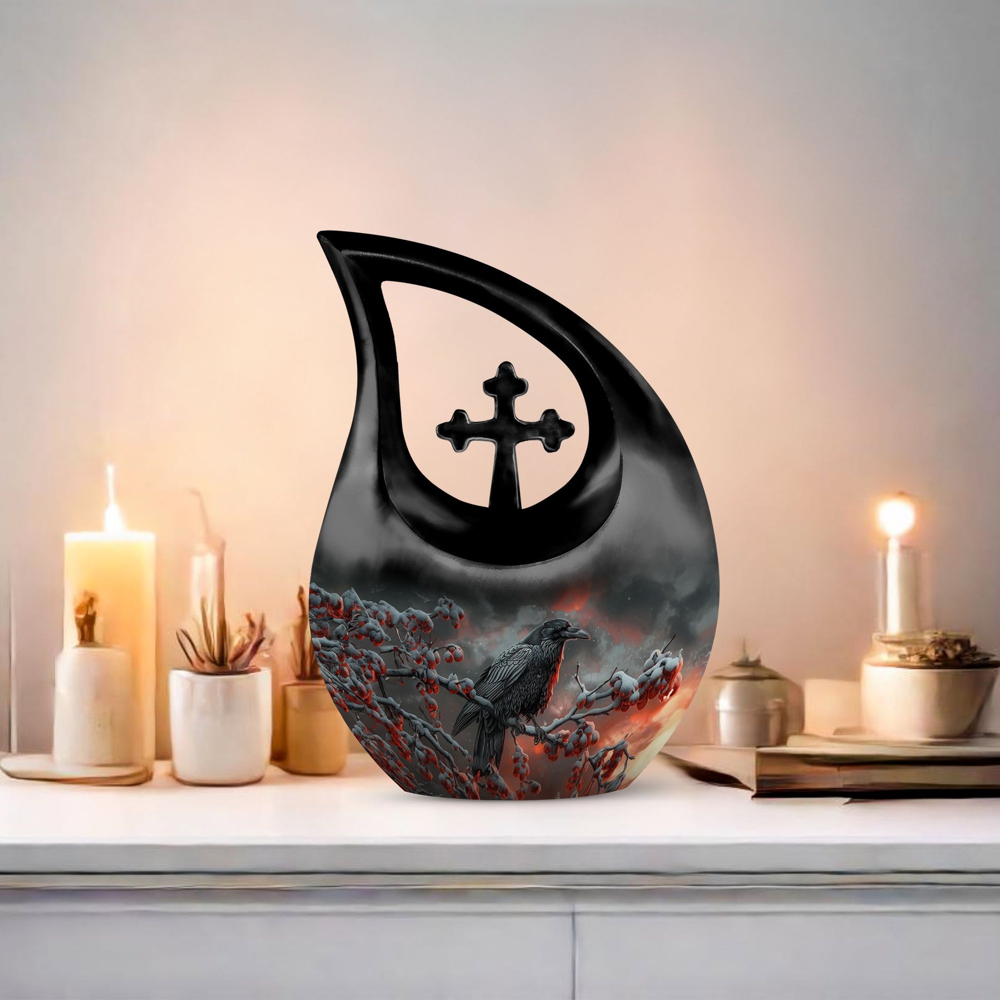 10 Inch Crow Urn with Cross Drop design Urn