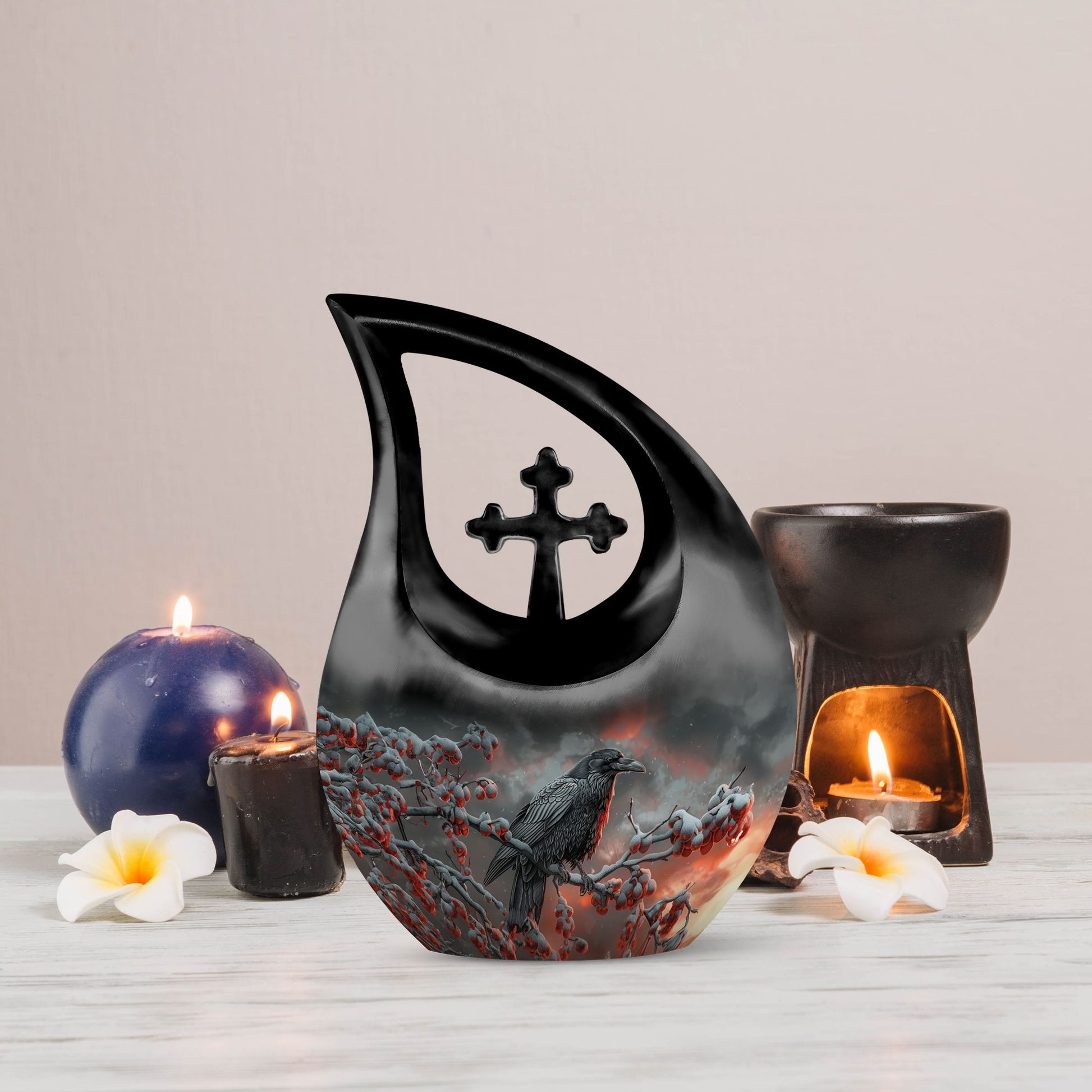 10 Inch Crow Urn with Cross Drop design Urn