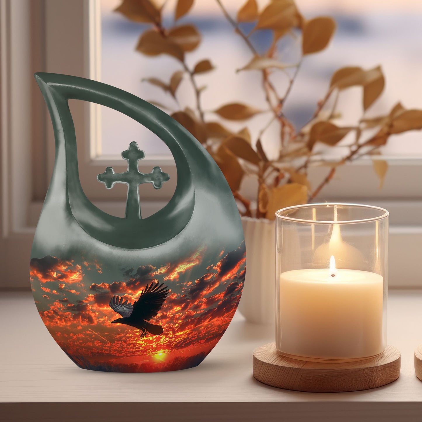 Cross Drop design Crow Urn