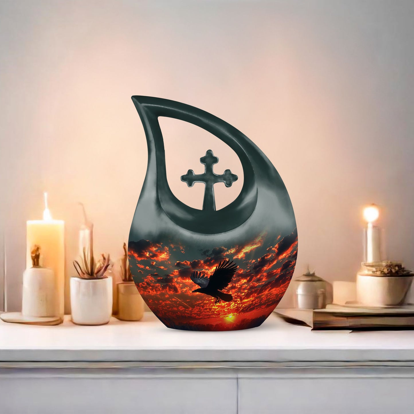 Cross Drop design Crow Urn
