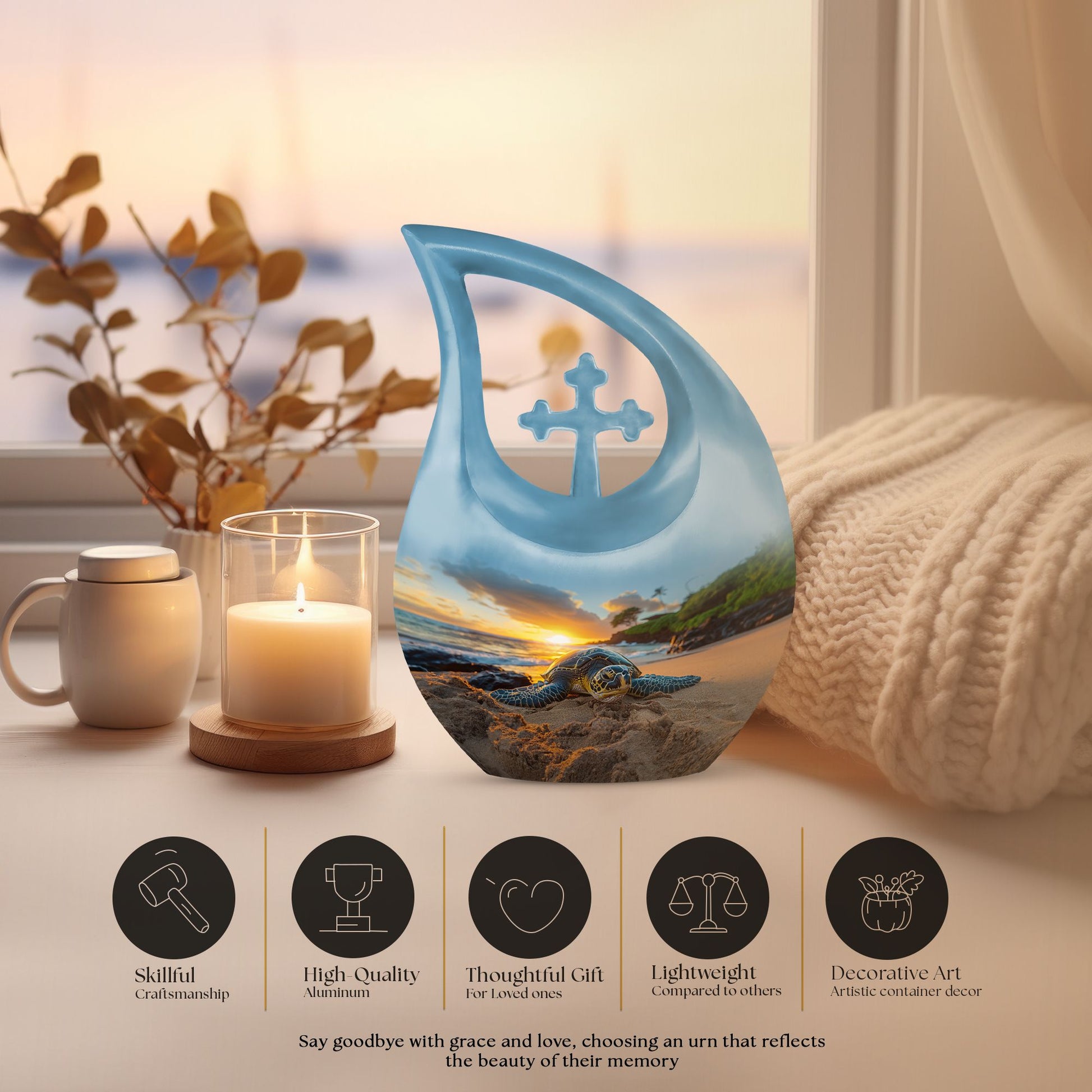 10-inch affordable Turtle Urn with Cross Drop design
