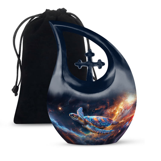 10-inch Personalized Turtle Urn with Cross Drop design.