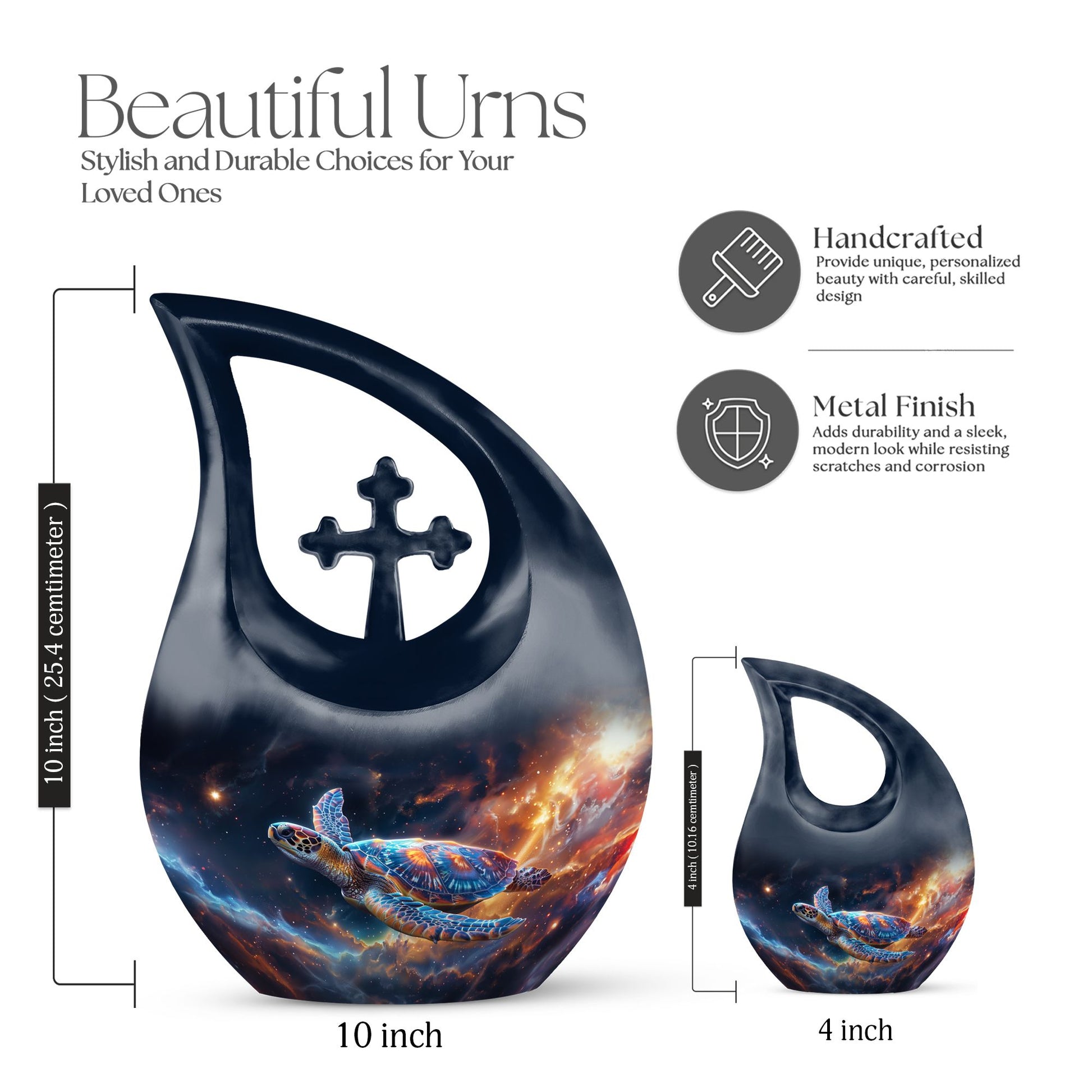 10-inch Personalized Turtle Urn with Cross Drop design.