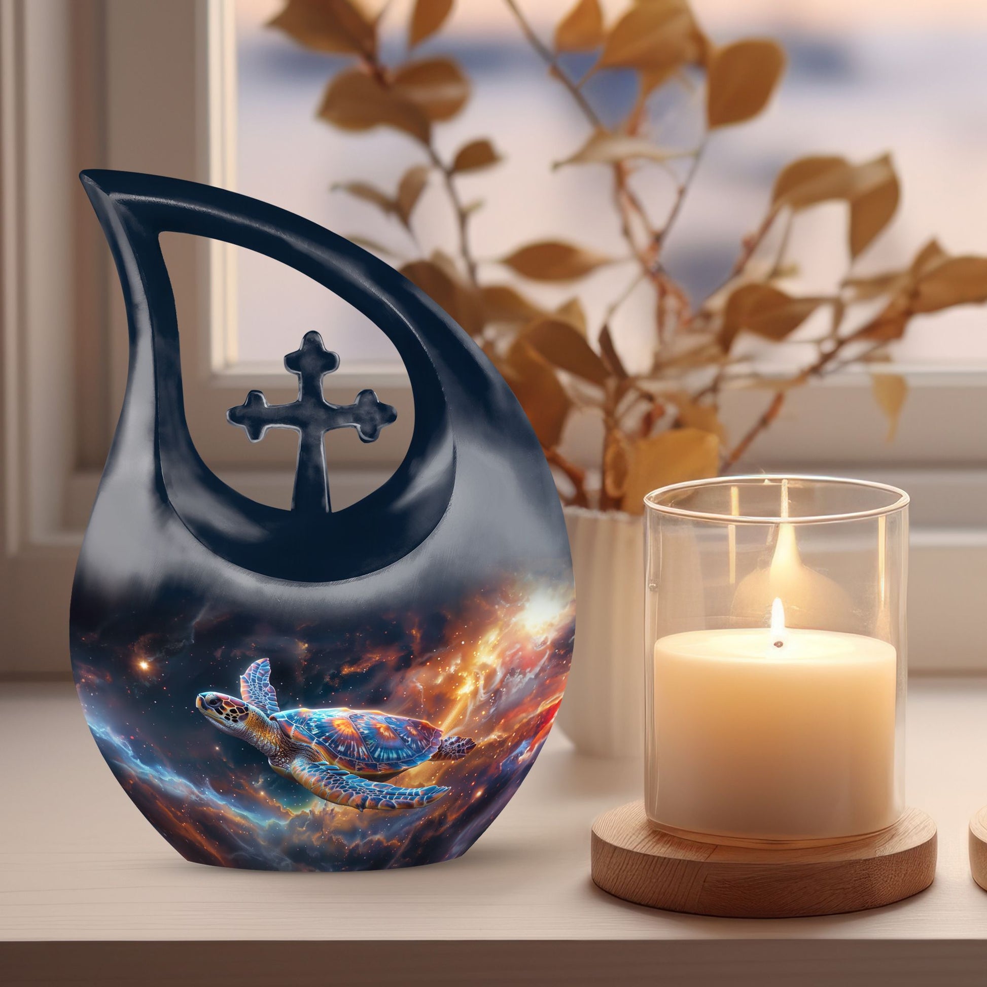 10-inch Personalized Turtle Urn with Cross Drop design.