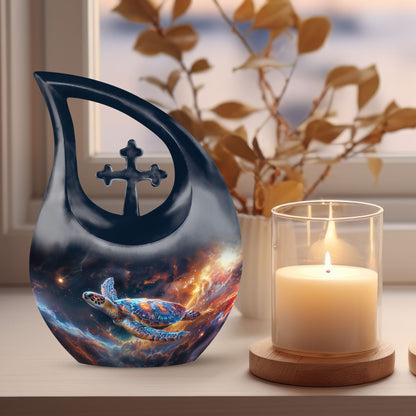 10-inch Personalized Turtle Urn with Cross Drop design.
