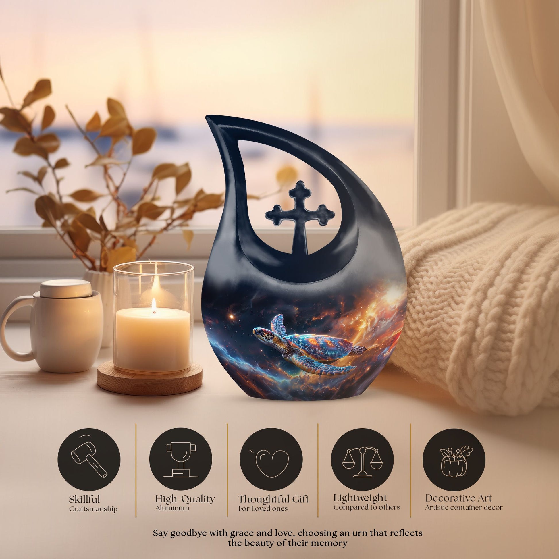 10-inch Personalized Turtle Urn with Cross Drop design.