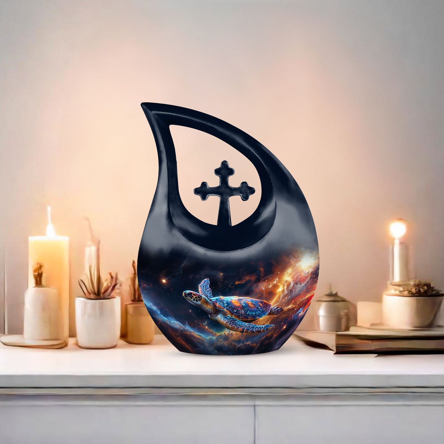 10-inch Personalized Turtle Urn with Cross Drop design.