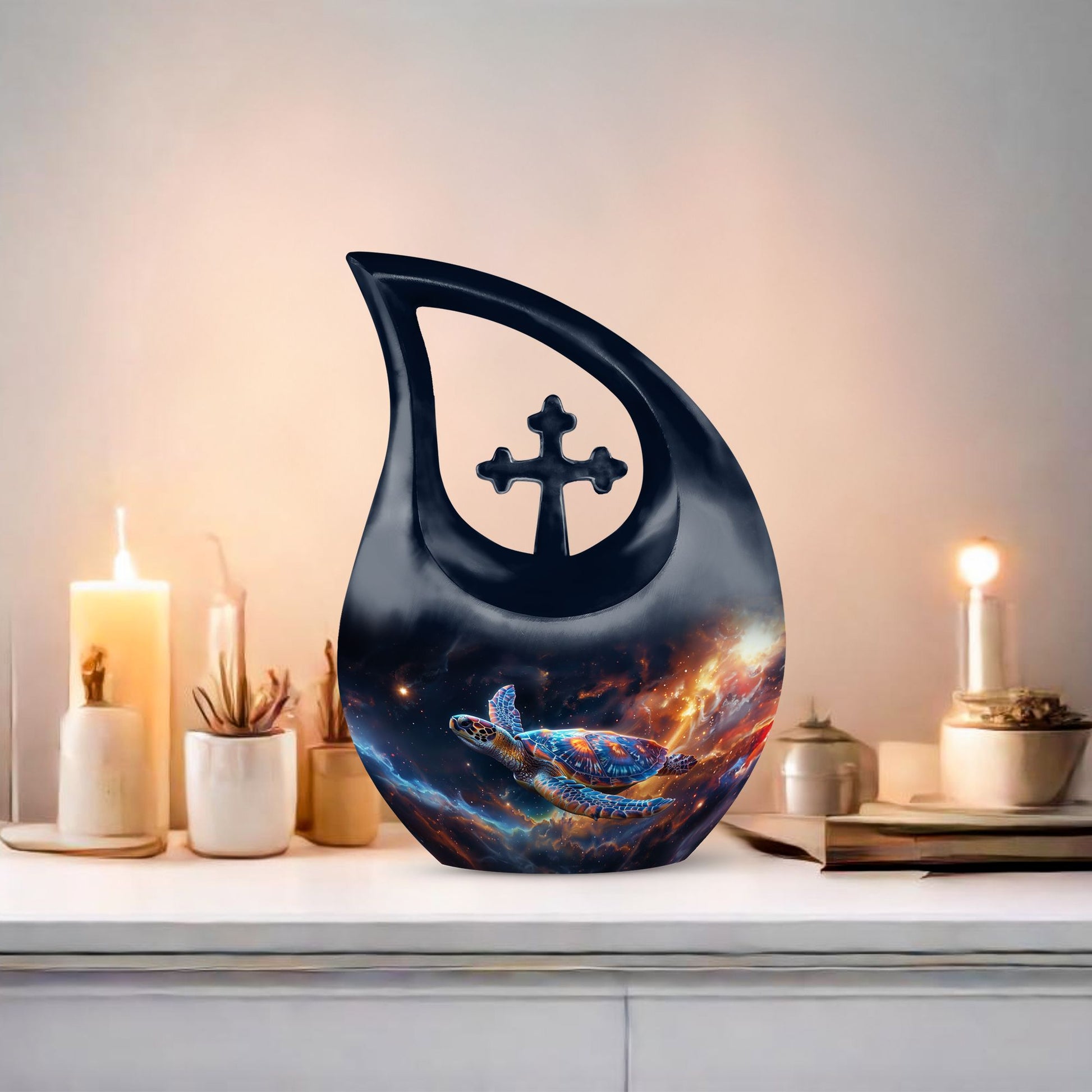 10-inch Personalized Turtle Urn with Cross Drop design.