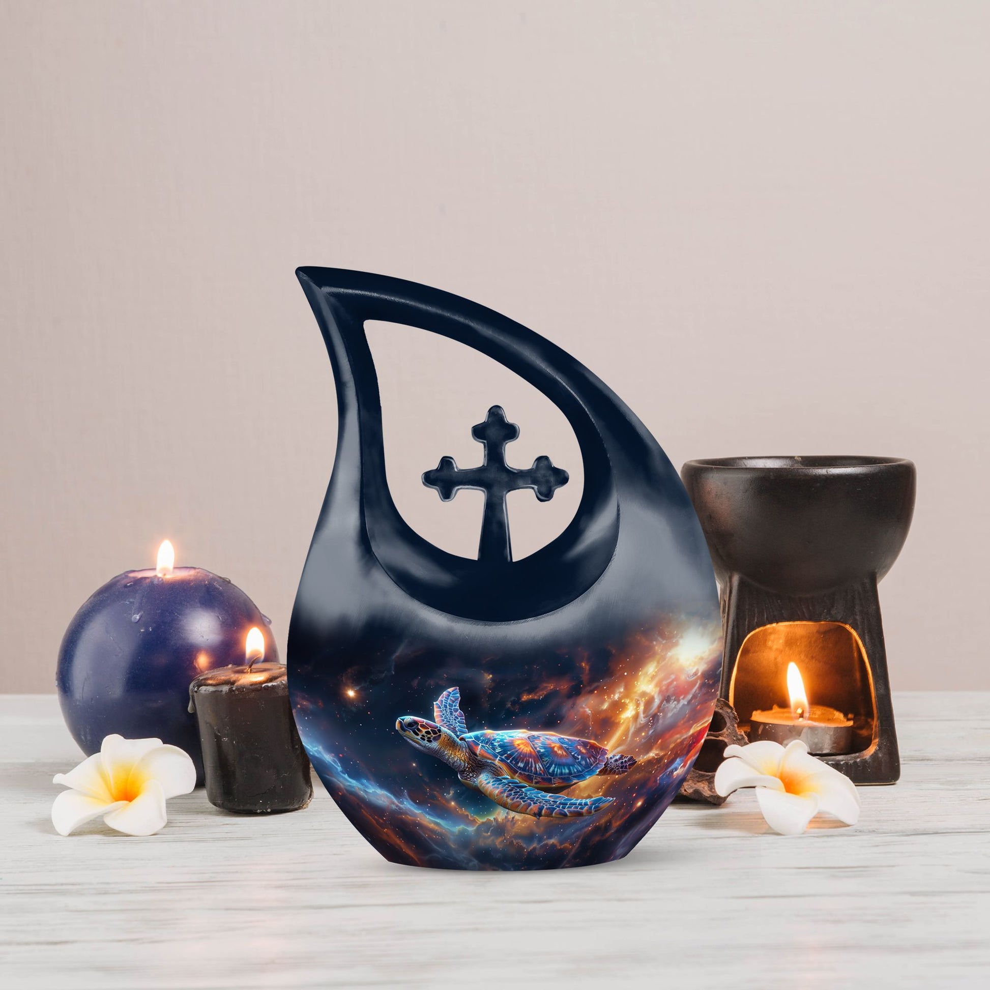 10-inch Personalized Turtle Urn with Cross Drop design.