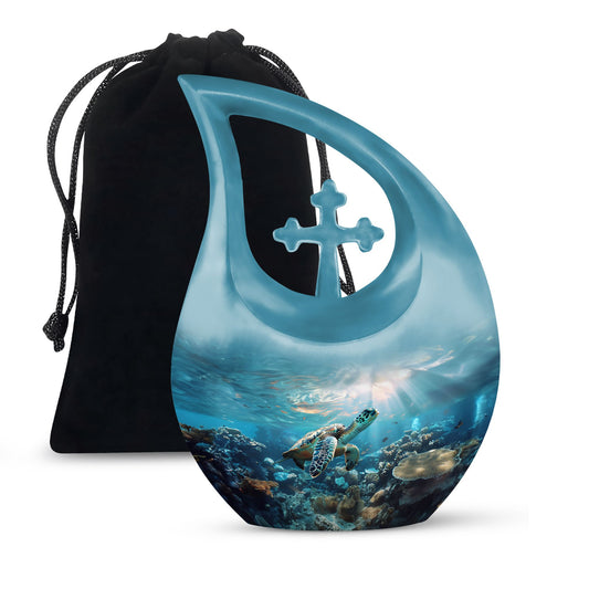 10-inch Turtle-themed Cross Drop Urn