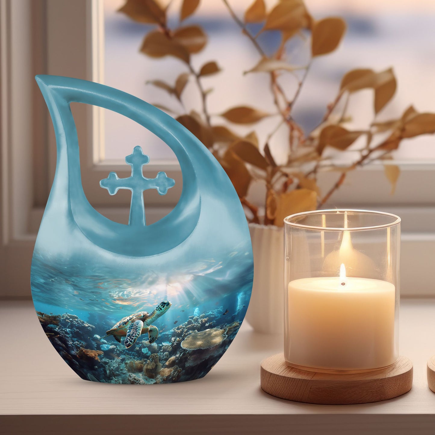 10-inch Turtle-themed Cross Drop Urn