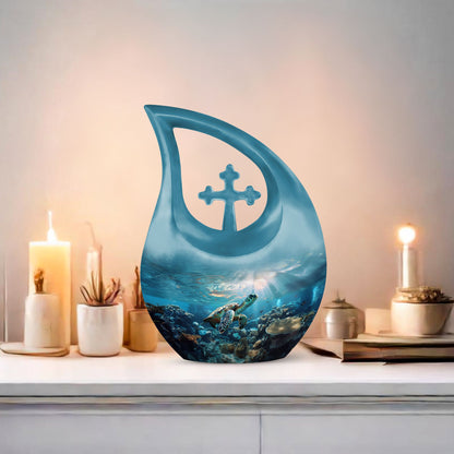 10-inch Turtle-themed Cross Drop Urn