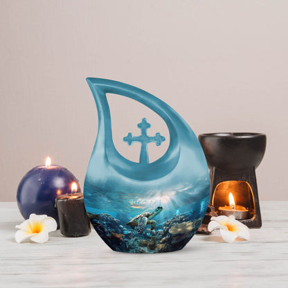10-inch Turtle-themed Cross Drop Urn
