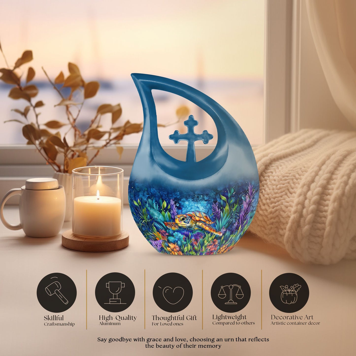 10-inch Turtle themed Cross Drop Design Cremation Urn