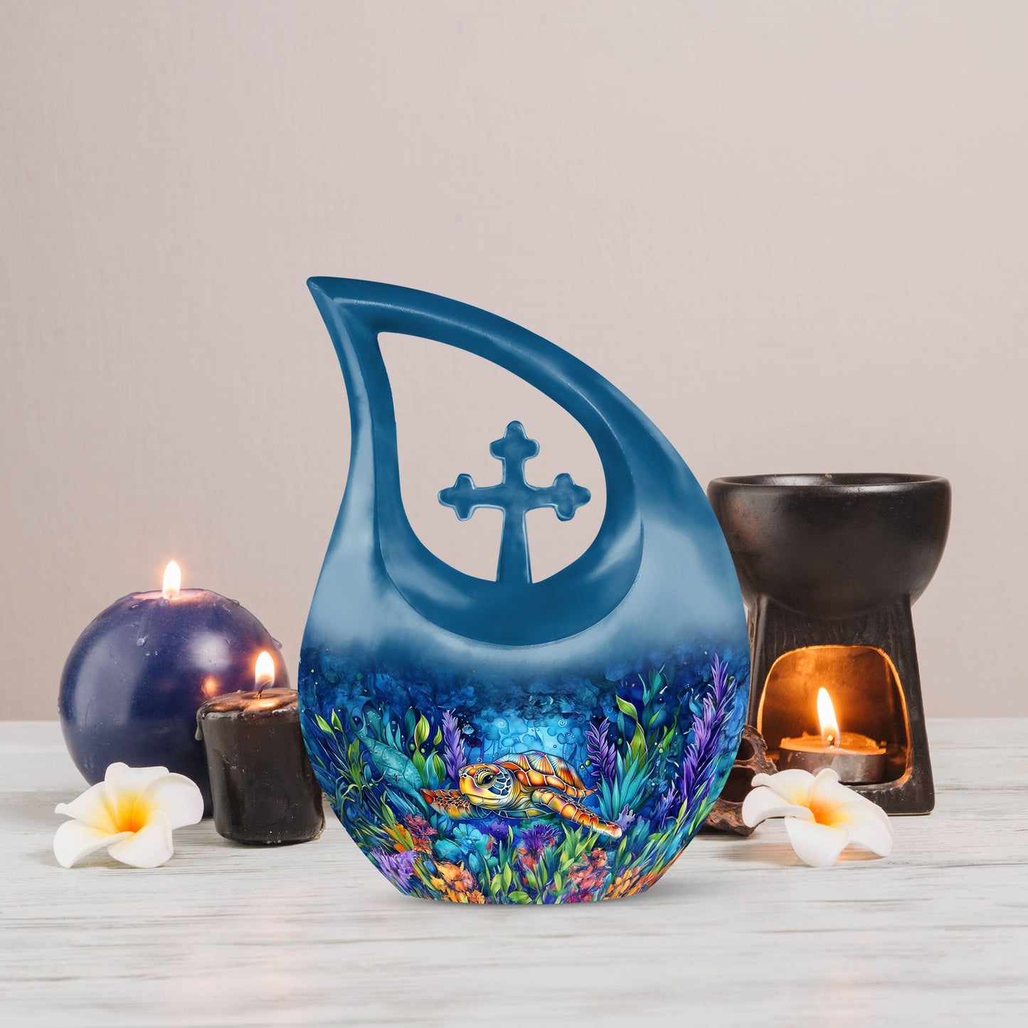10-inch Turtle themed Cross Drop Design Cremation Urn