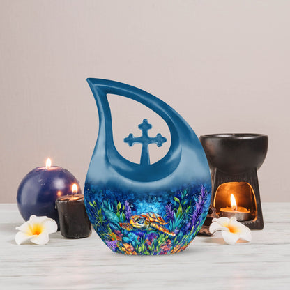10-inch Turtle themed Cross Drop Design Cremation Urn