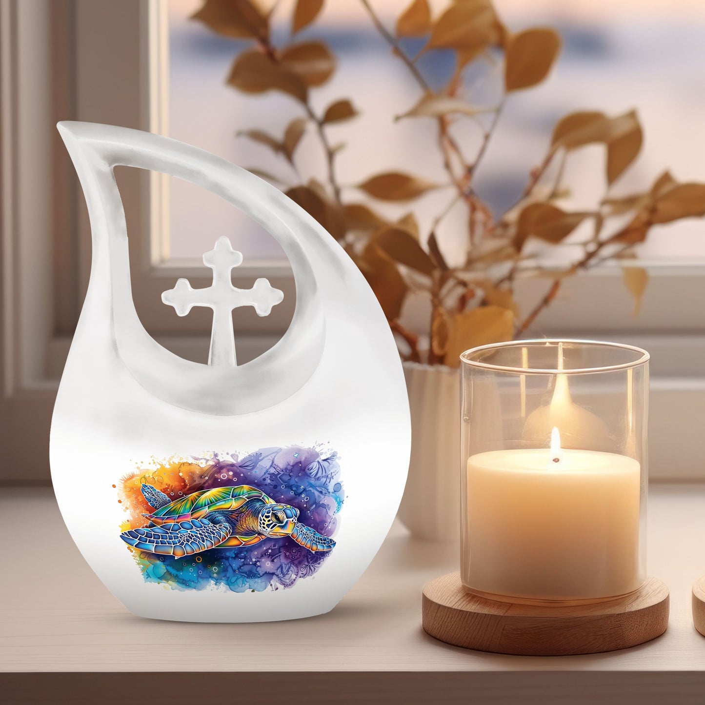 10-inch turtle-themed cross drop design urn