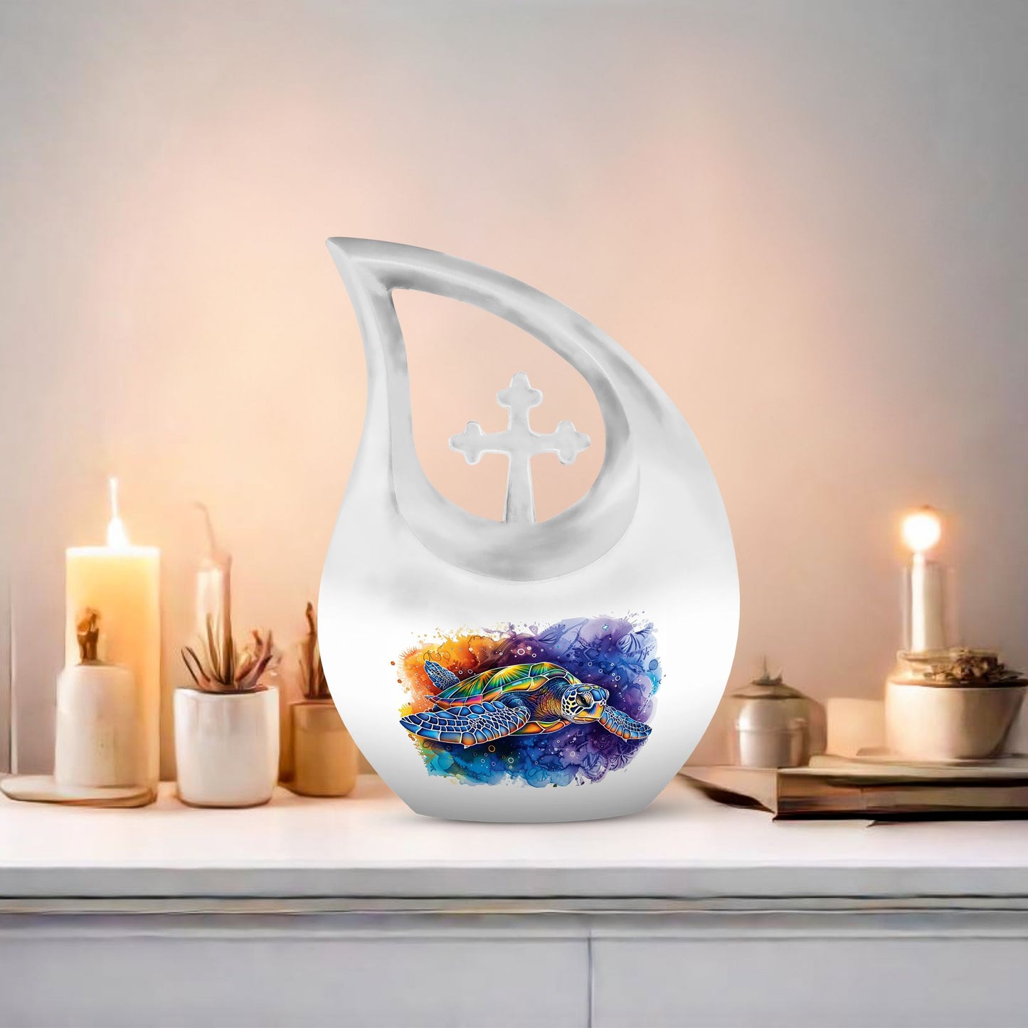 10-inch turtle-themed cross drop design urn