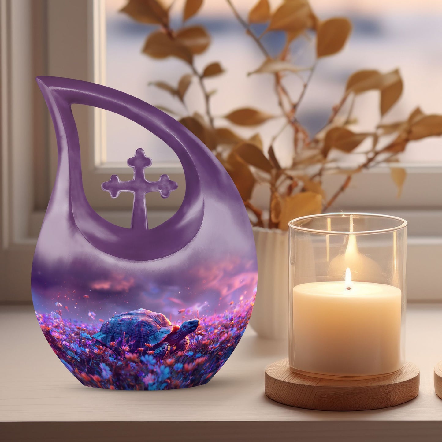 Turtle-themed 10 inch aluminum cross drop design funeral urn