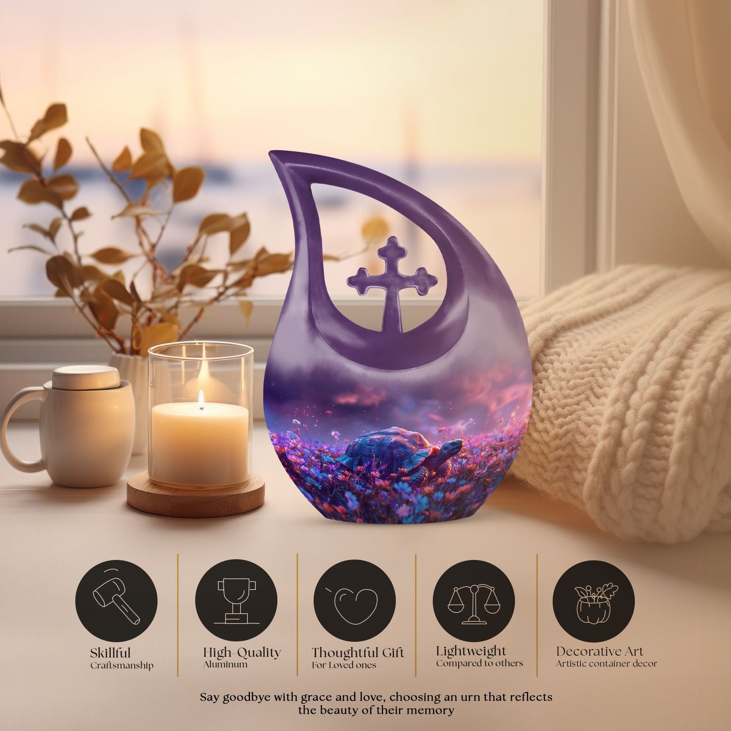 Turtle-themed 10 inch aluminum cross drop design funeral urn