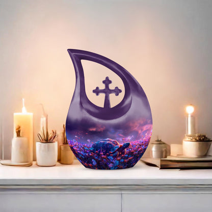 Turtle-themed 10 inch aluminum cross drop design funeral urn