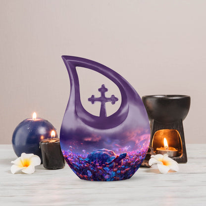 Turtle-themed 10 inch aluminum cross drop design funeral urn