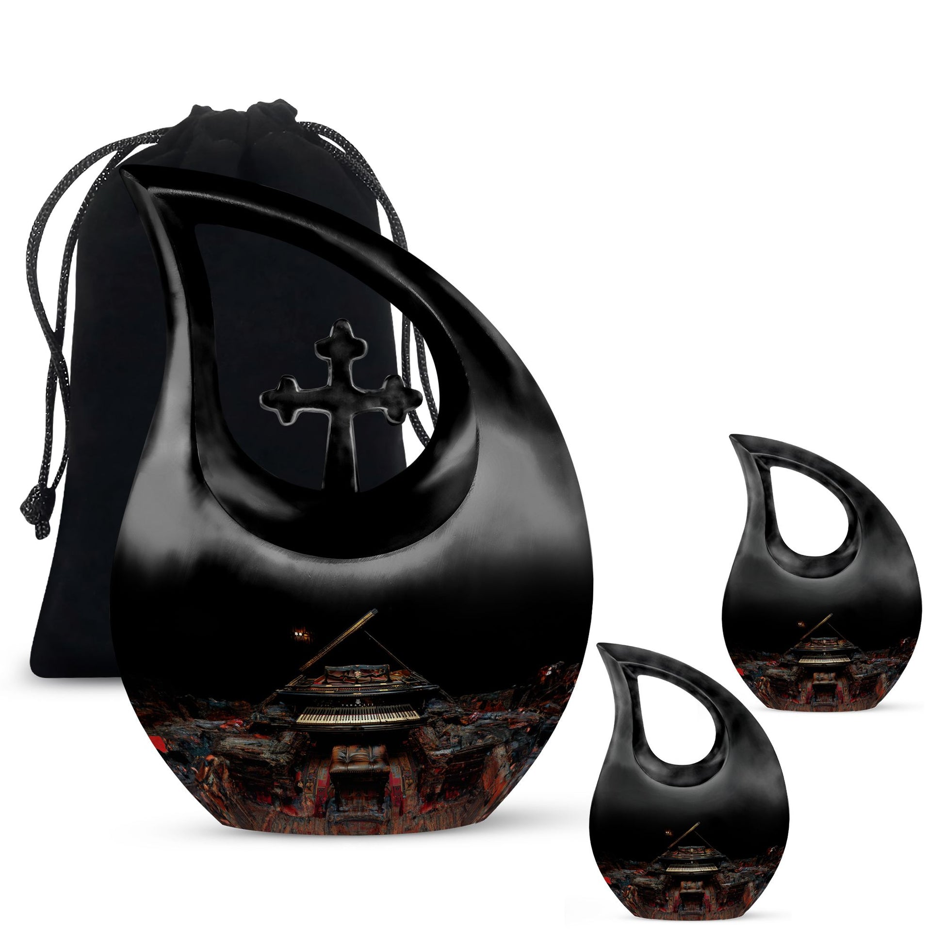 Piano Theme Large Urn With 2 Keepsake Urn