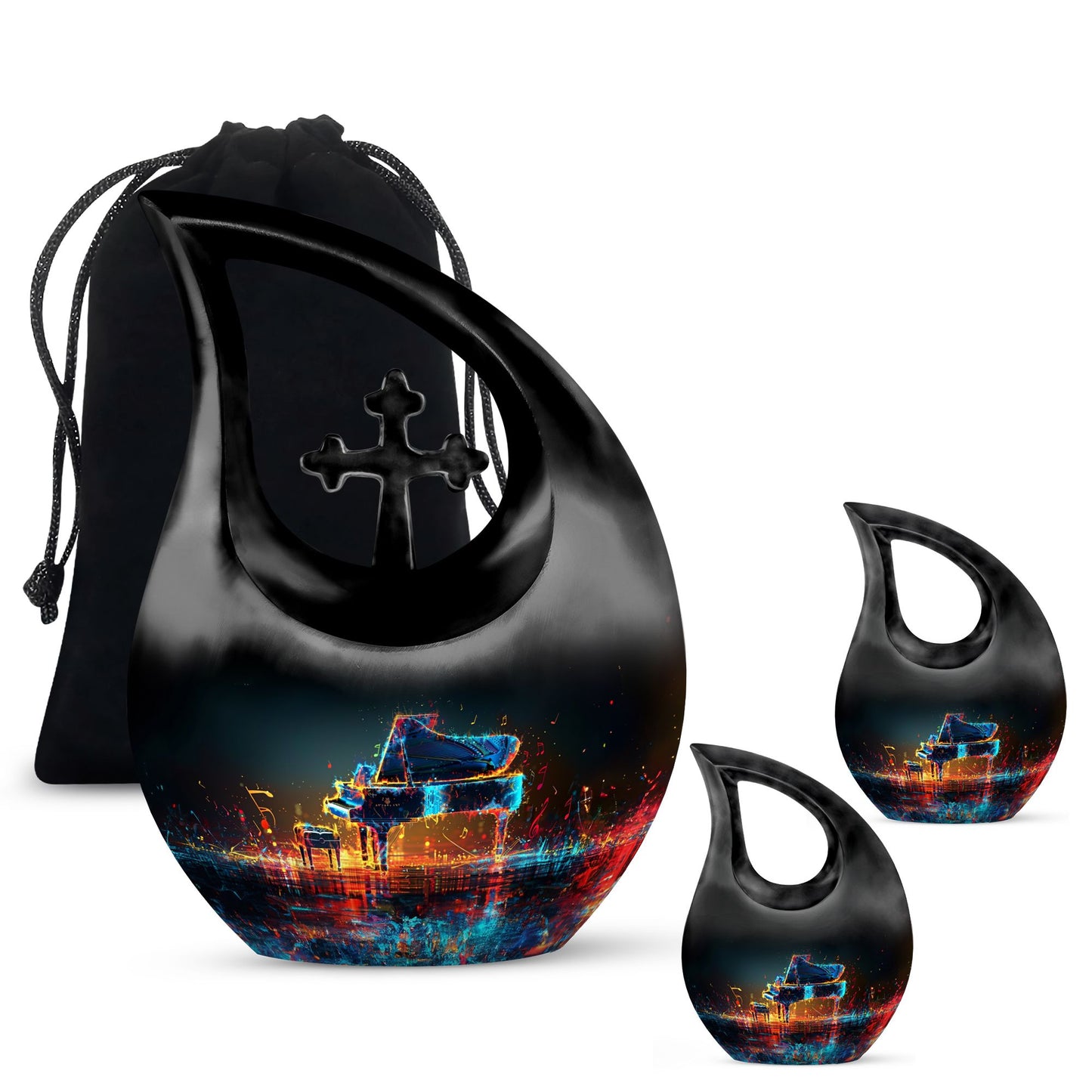 Piano Theme Large Urn With 2 Keepsake Urn