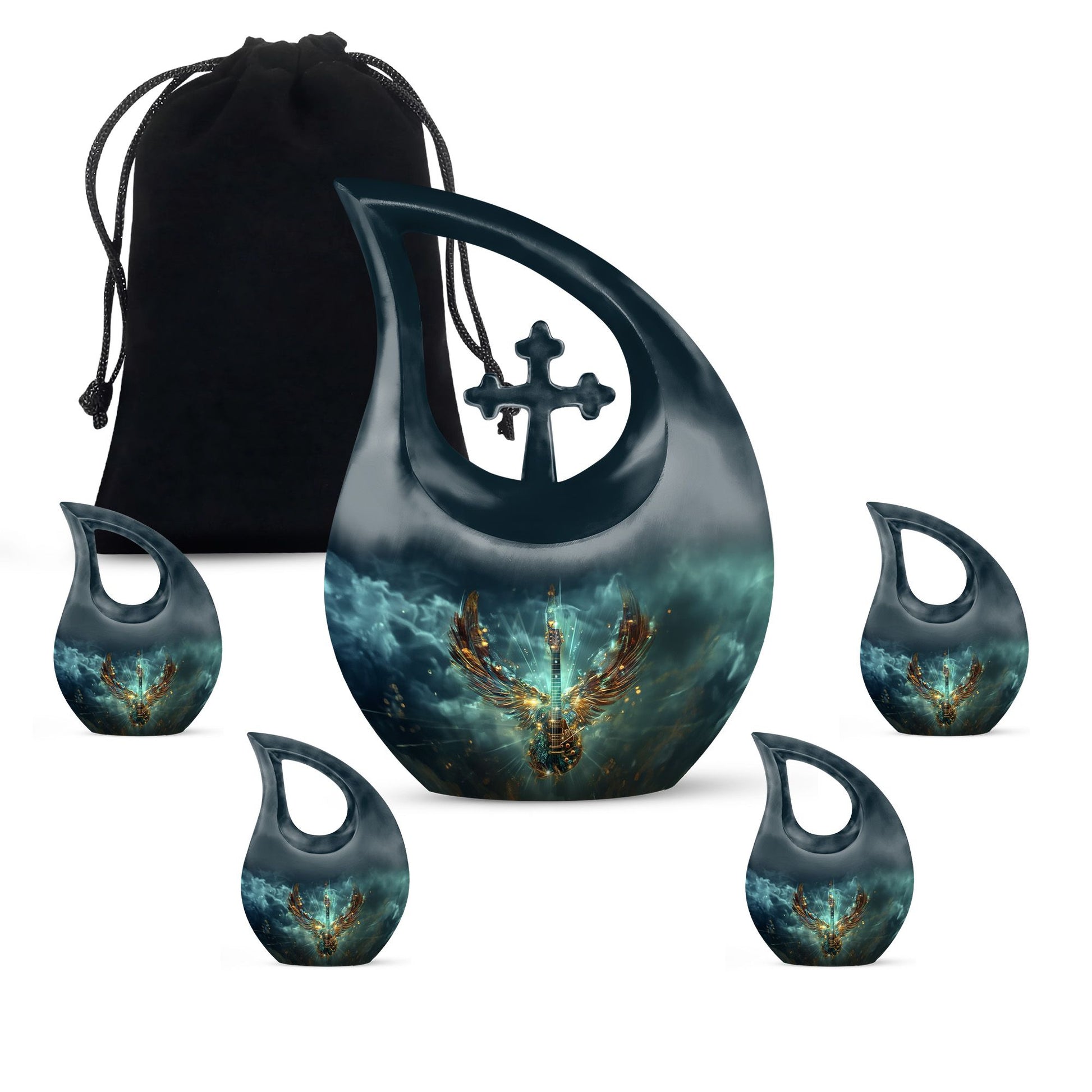 Guitar Theme Large Urn With 4 Keepsake Urn