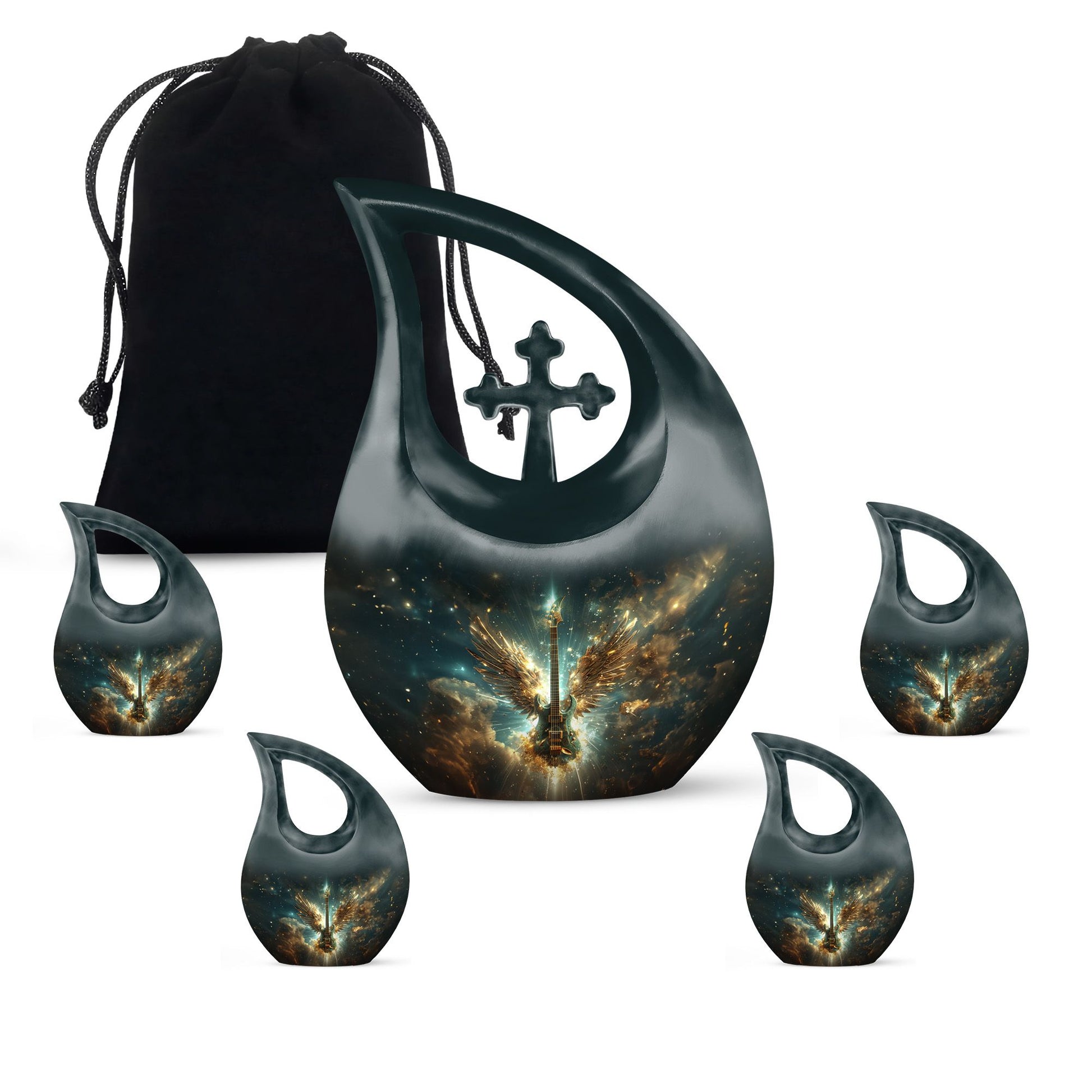 Guitar Theme Large Urn With 4 Keepsake Urn