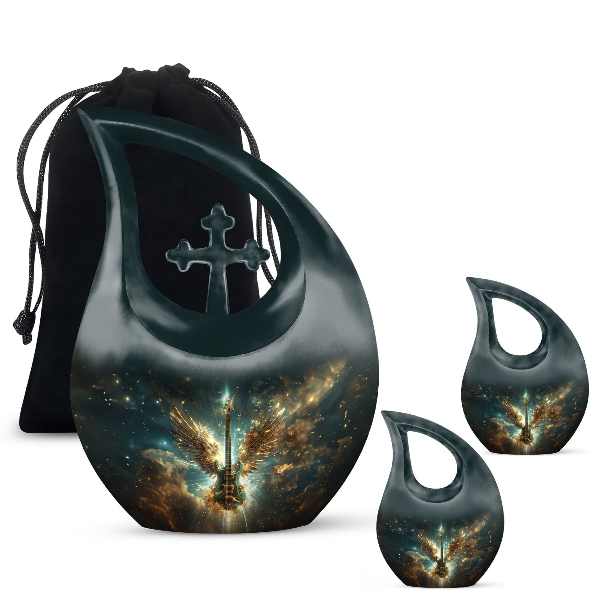 Guitar Theme Large Urn With 2 Keepsake Urn