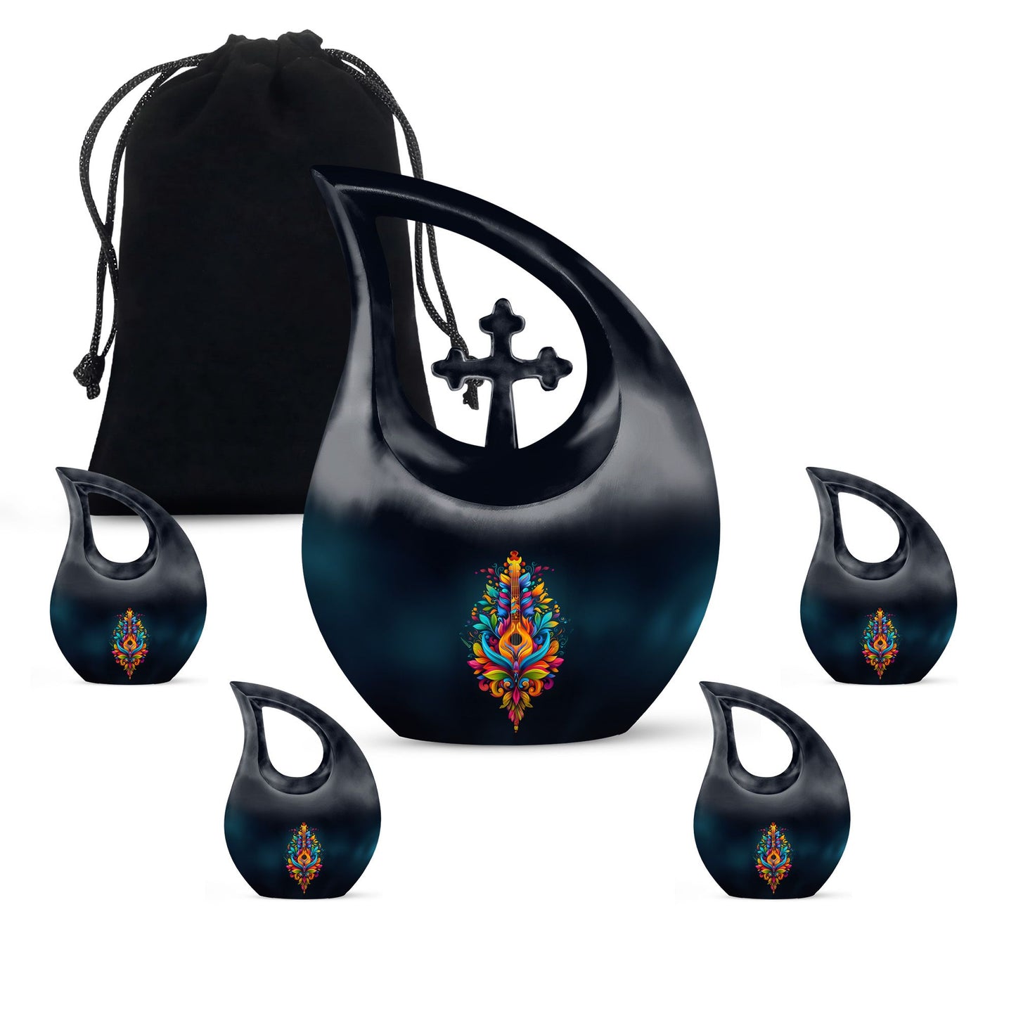Guitar Theme Large Urn With 4 Keepsake Urn