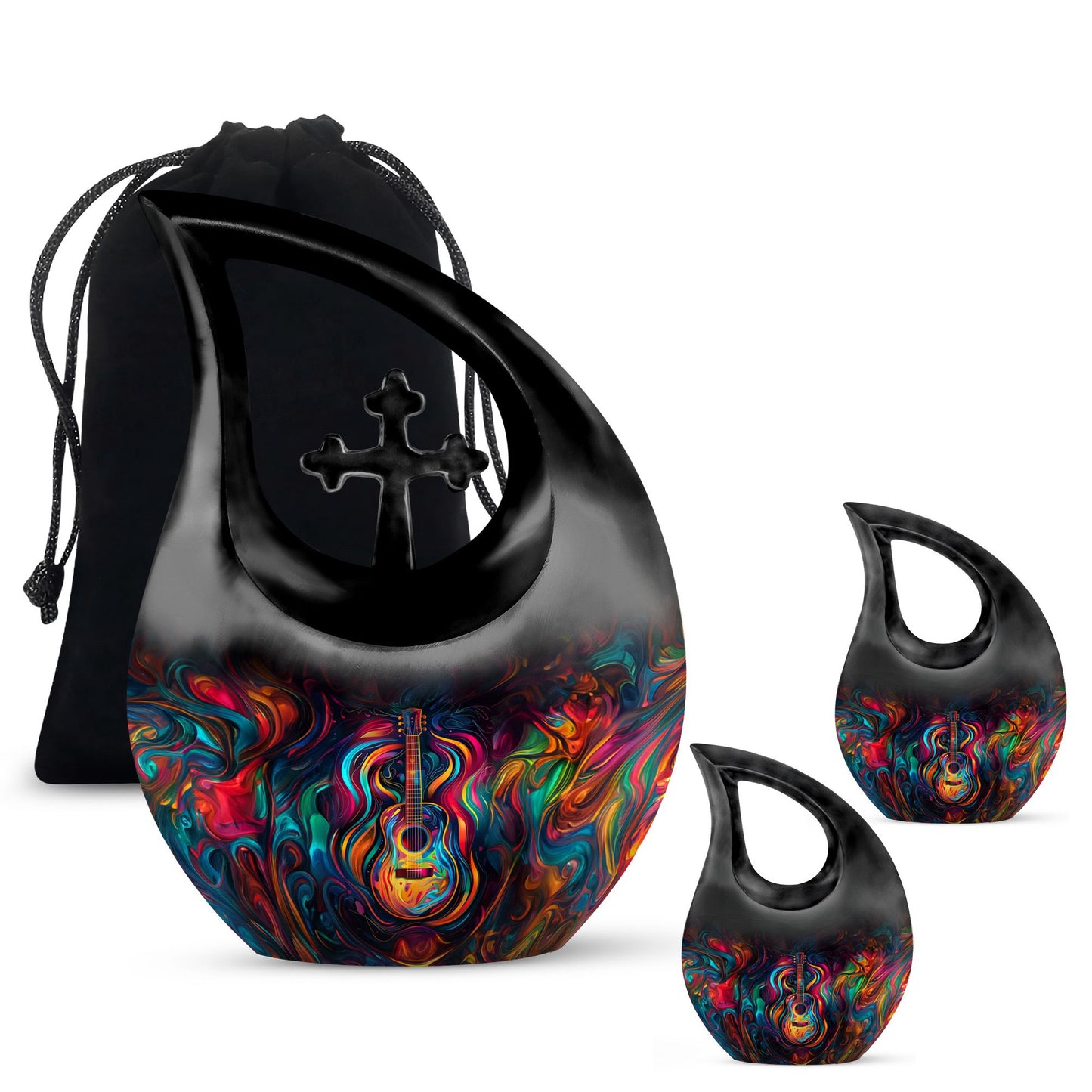 Guitar Theme Large Urn With 2 Keepsake Urn