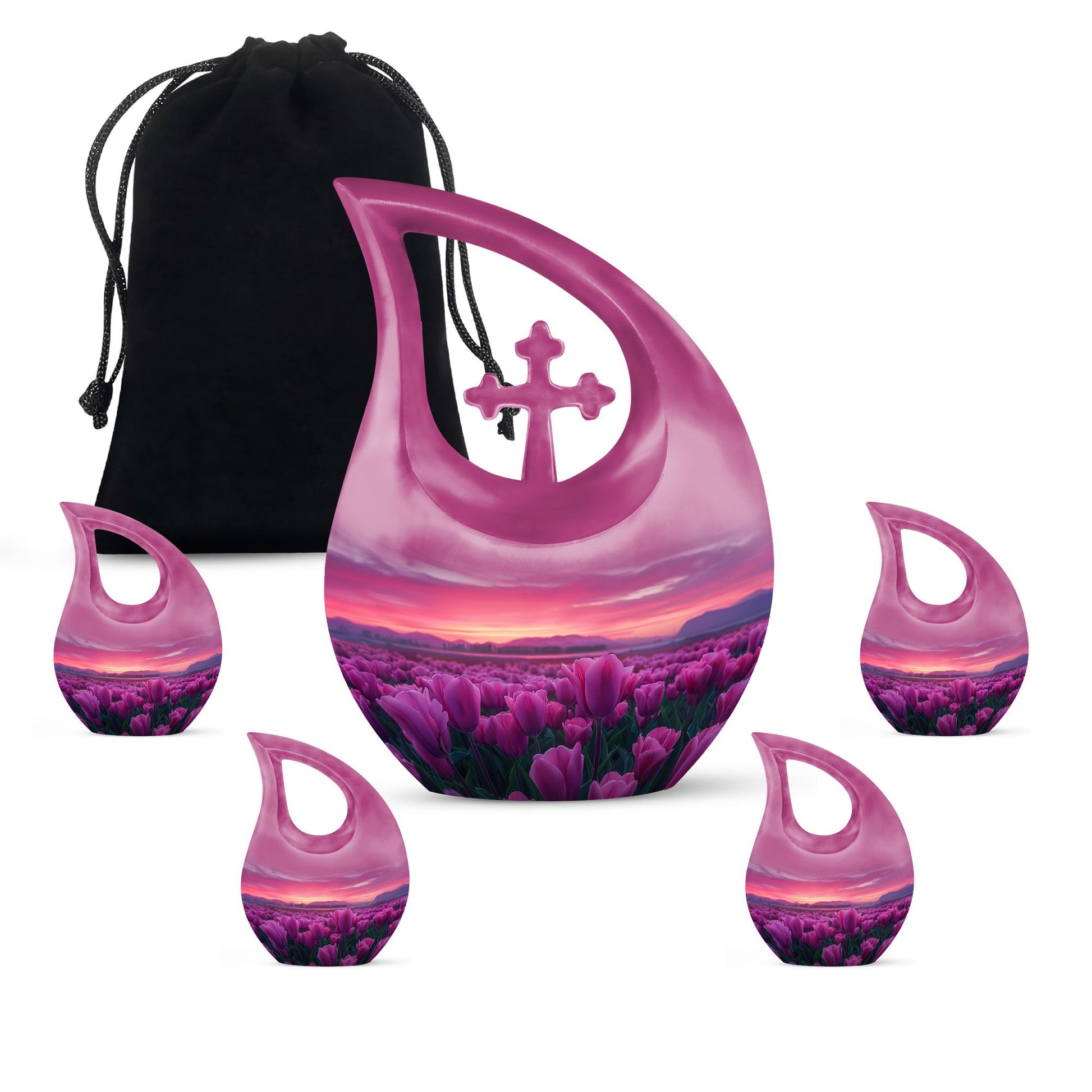 Tulips Theme Large Urn With 4 Keepsake Urn