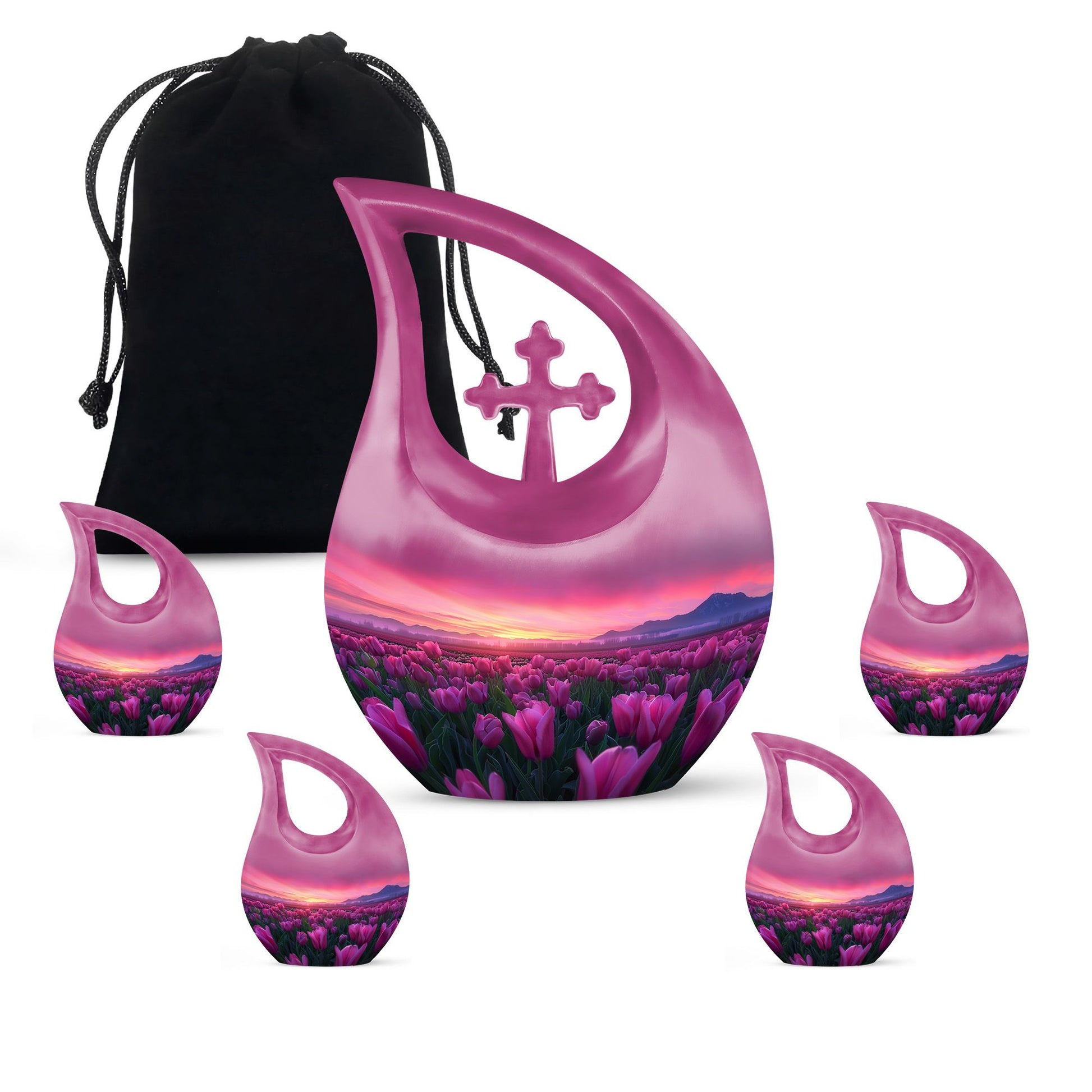 Tulips Theme Large Urn With 4 Keepsake Urn