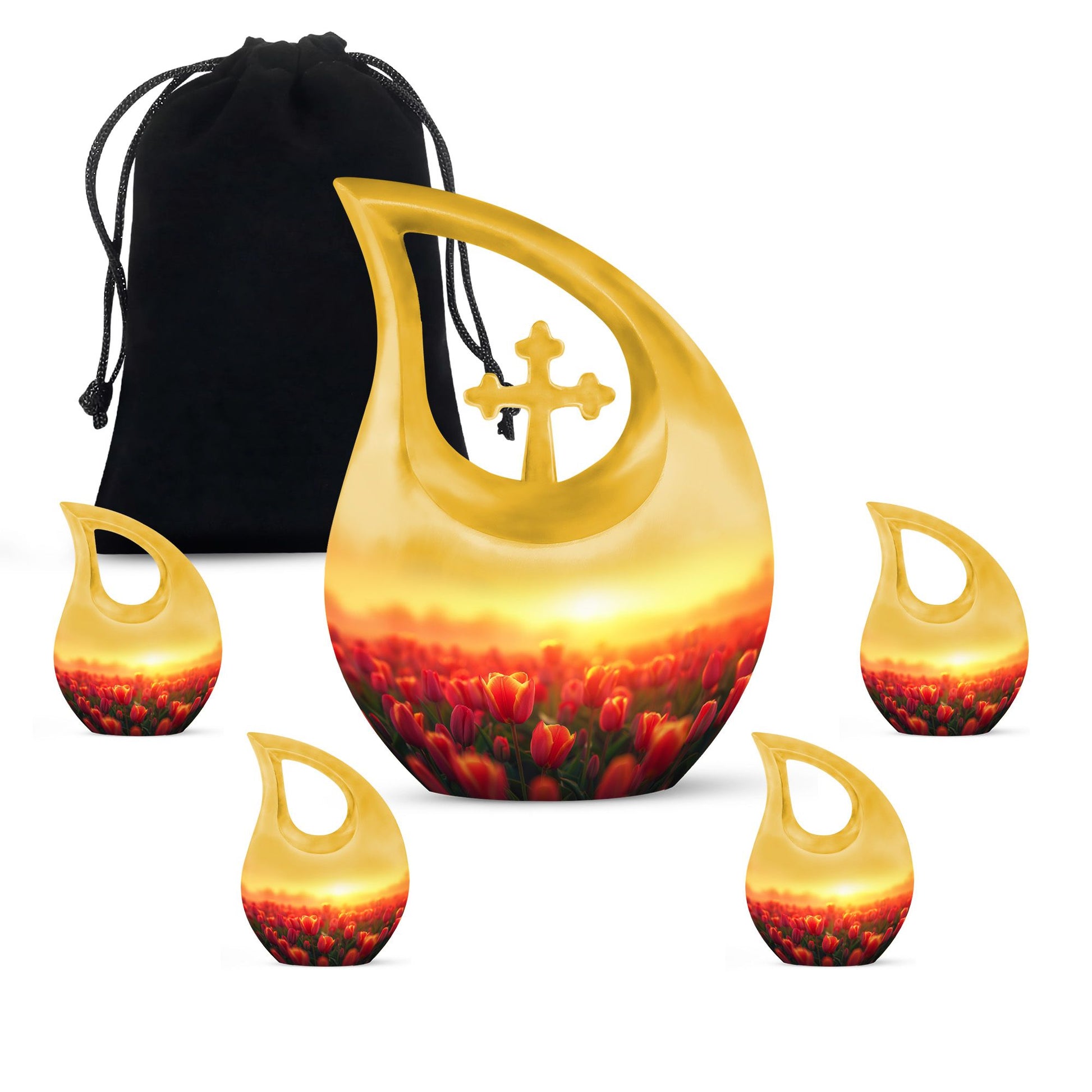 Tulips Theme Large Urn With 4 Keepsake Urn