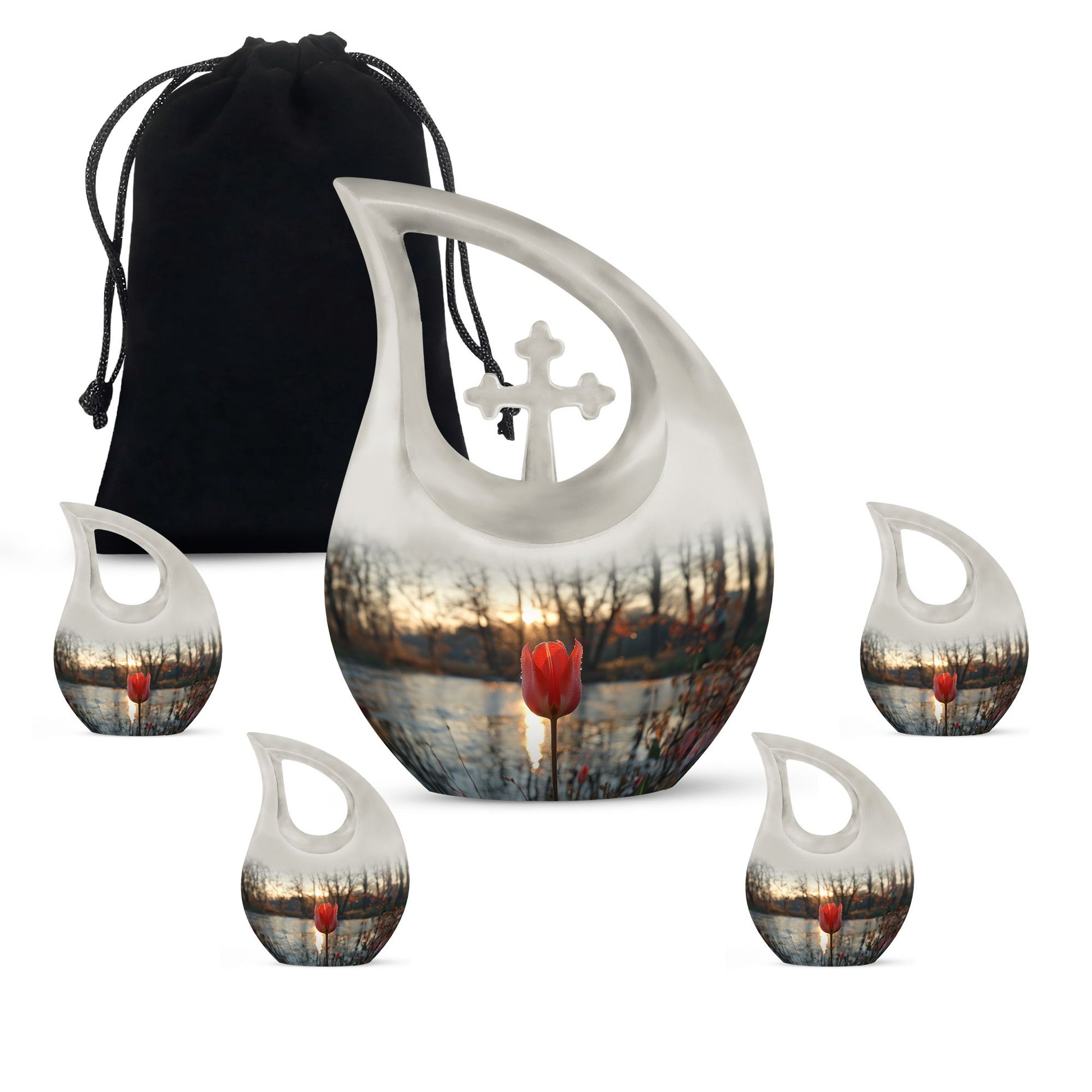 Tulips Theme Large Urn With 4 Keepsake Urn