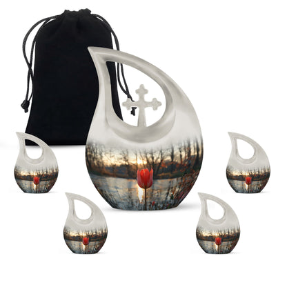 Tulips Theme Large Urn With 4 Keepsake Urn