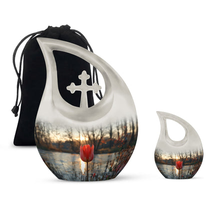 Tulips Theme Large Urn With 1 Keepsake Urn