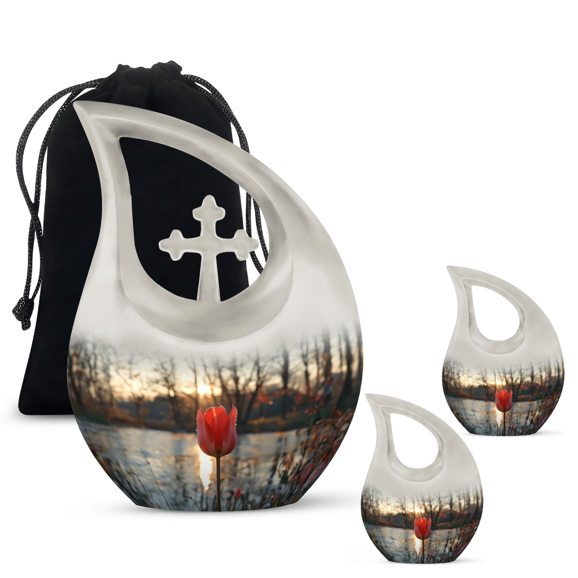 Tulips Theme Large Urn With 2 Keepsake Urn