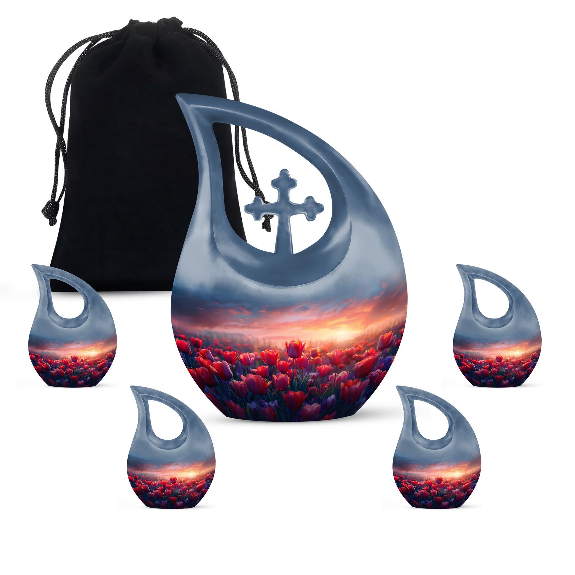 Tulips Theme Large Urn With 4 Keepsake Urn