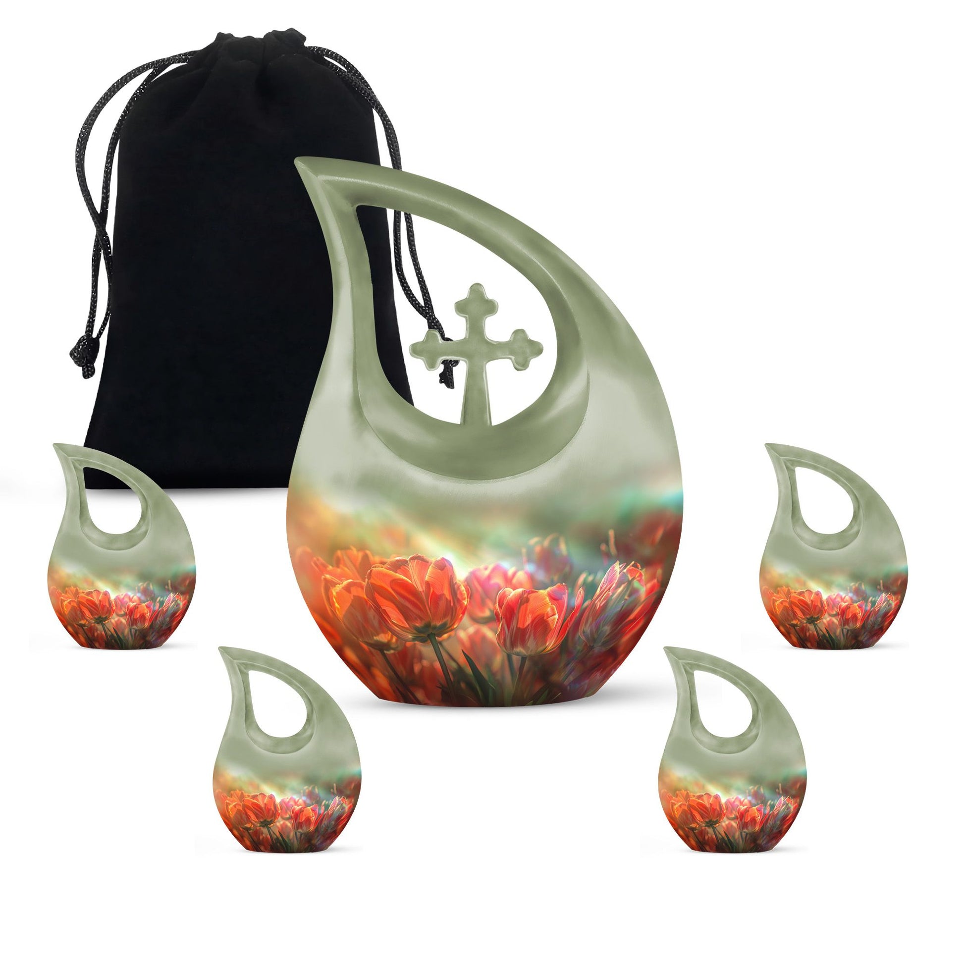 Tulips Theme Large Urn With 4 Keepsake Urn