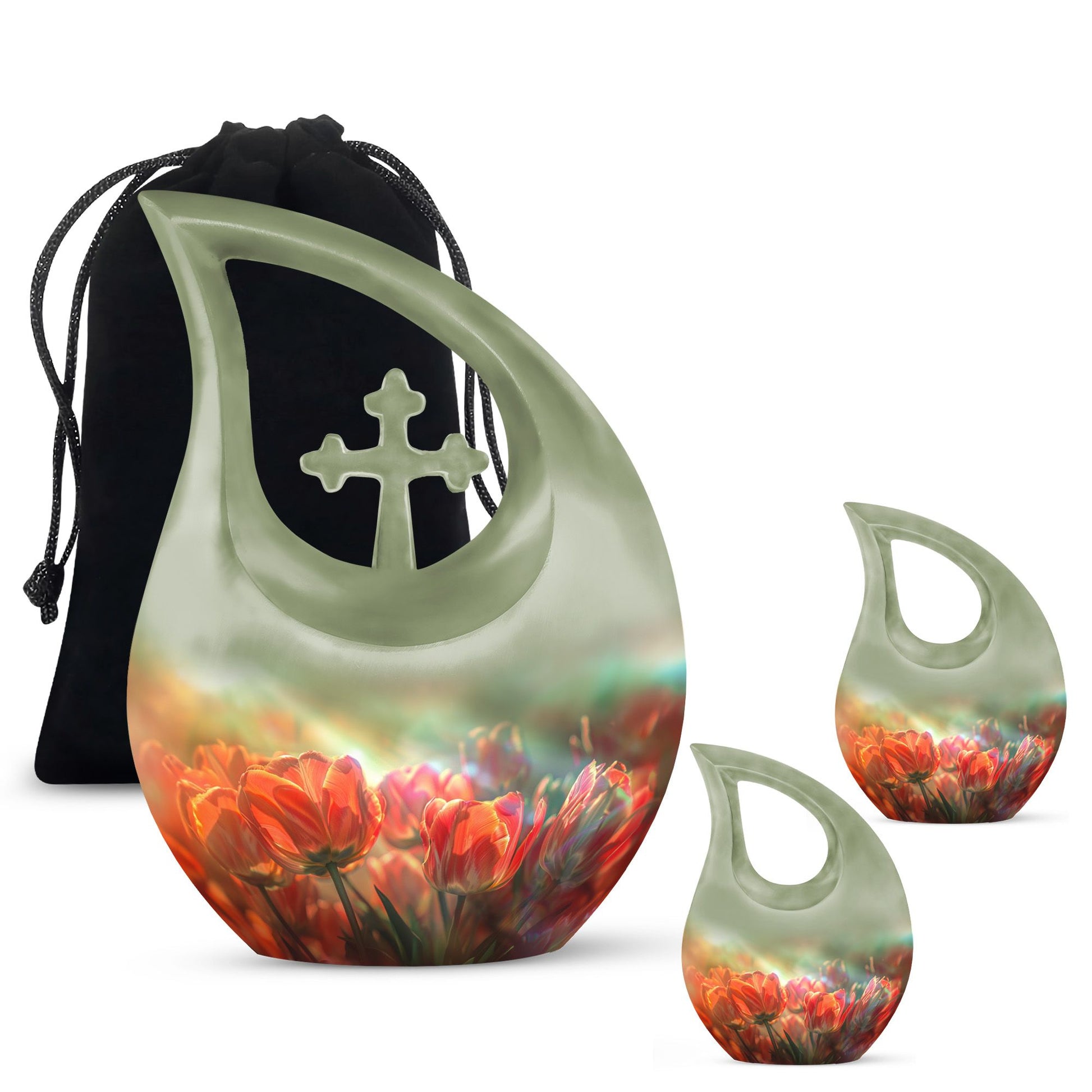 Tulips Theme Large Urn With 2 Keepsake Urn