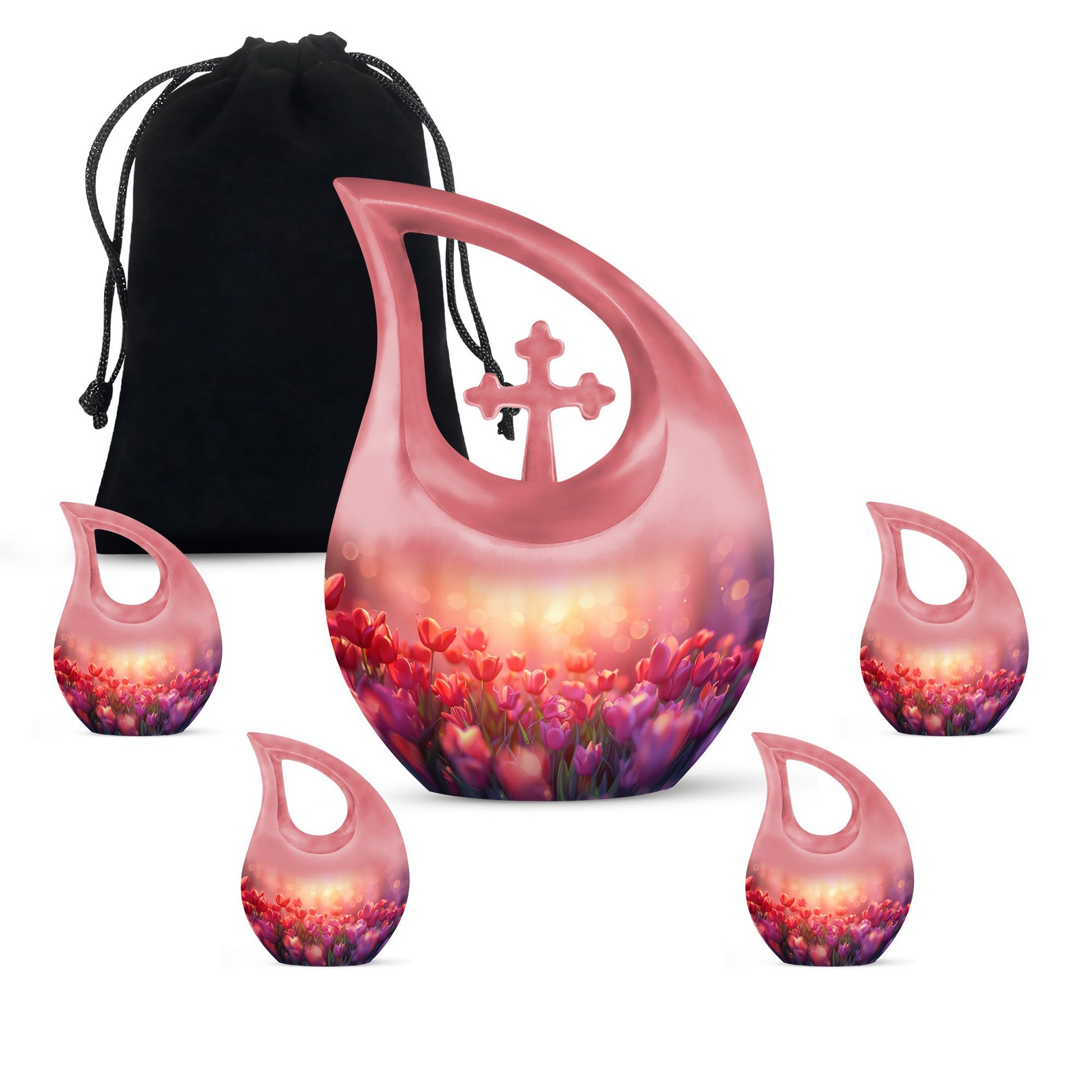 Tulips Theme Large Urn With 4 Keepsake Urn