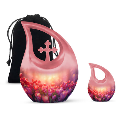 Tulips Theme Large Urn With 1 Keepsake Urn