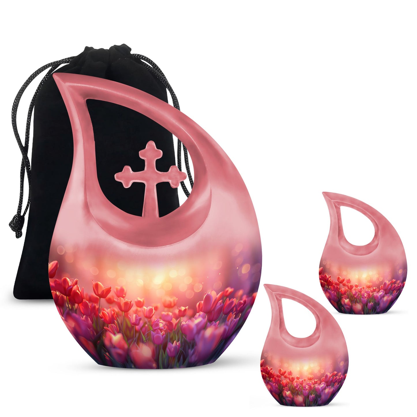 Tulips Theme Large Urn With 2 Keepsake Urn