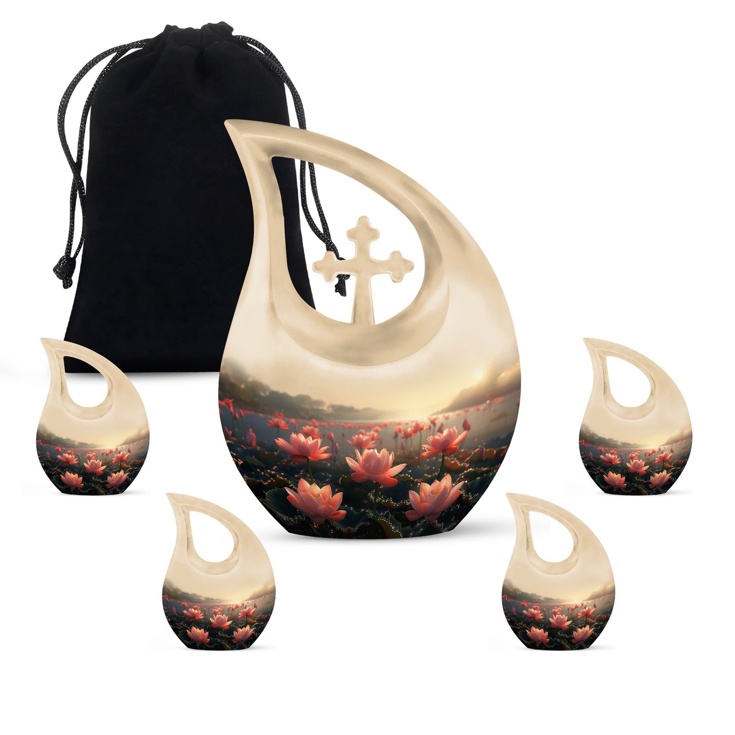 Lotus Theme Large Urn With 4 Keepsake Urn