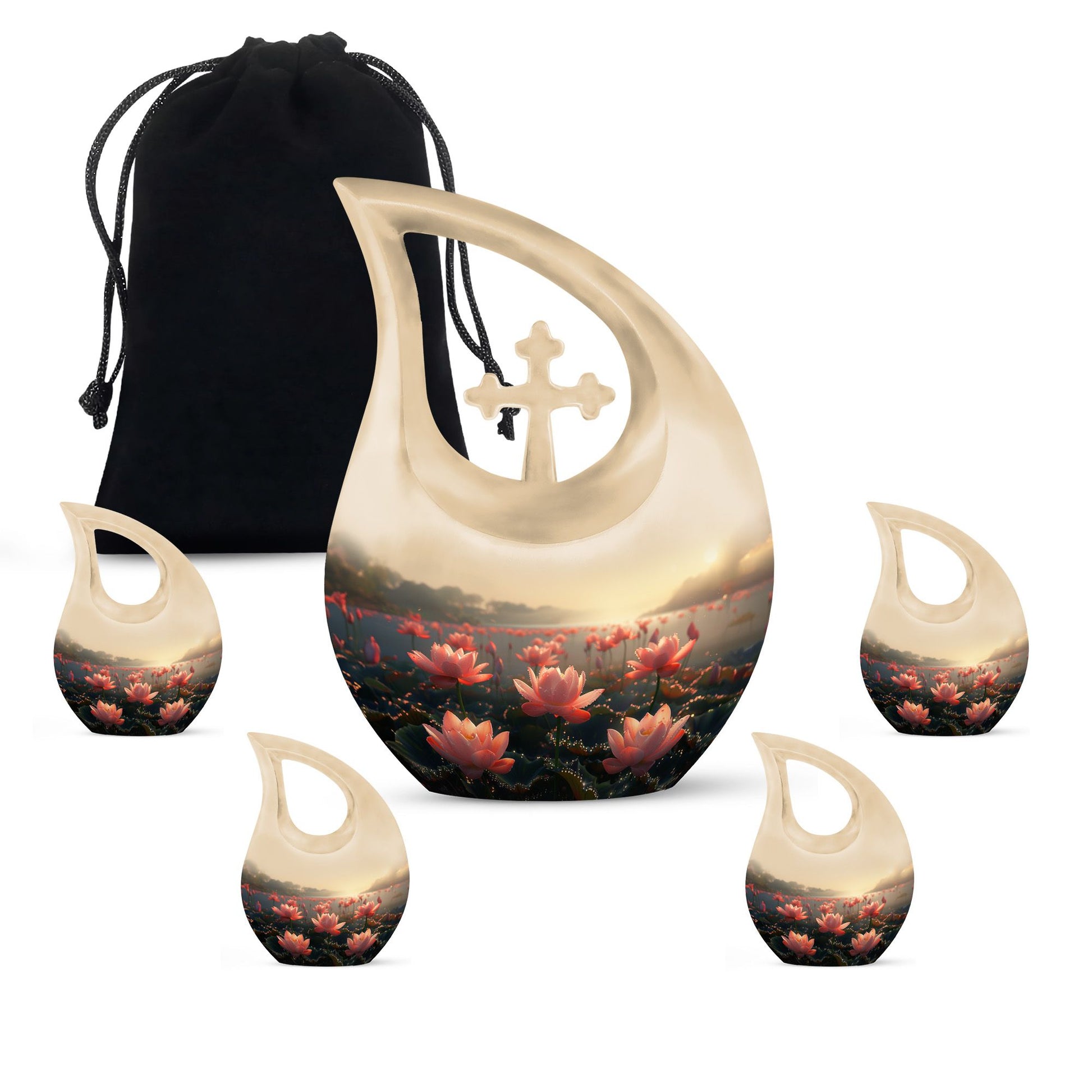 Lotus Theme Large Urn With 4 Keepsake Urn