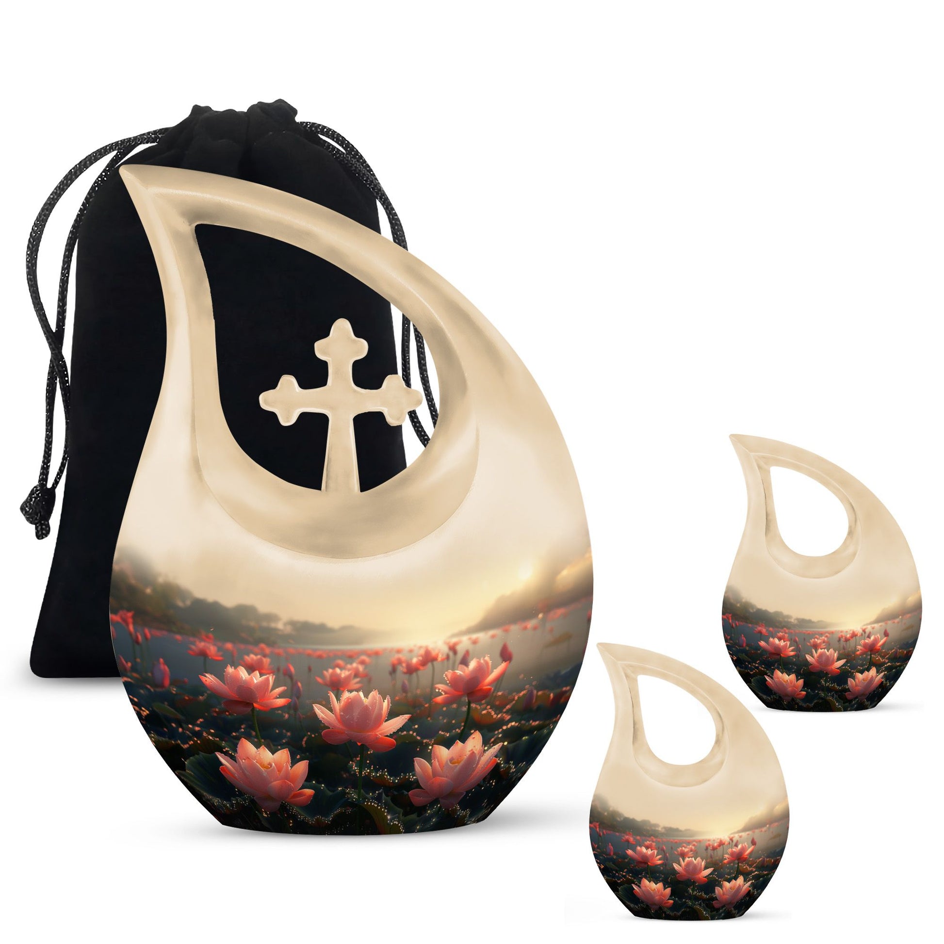 Lotus Theme Large Urn With 2 Keepsake Urn