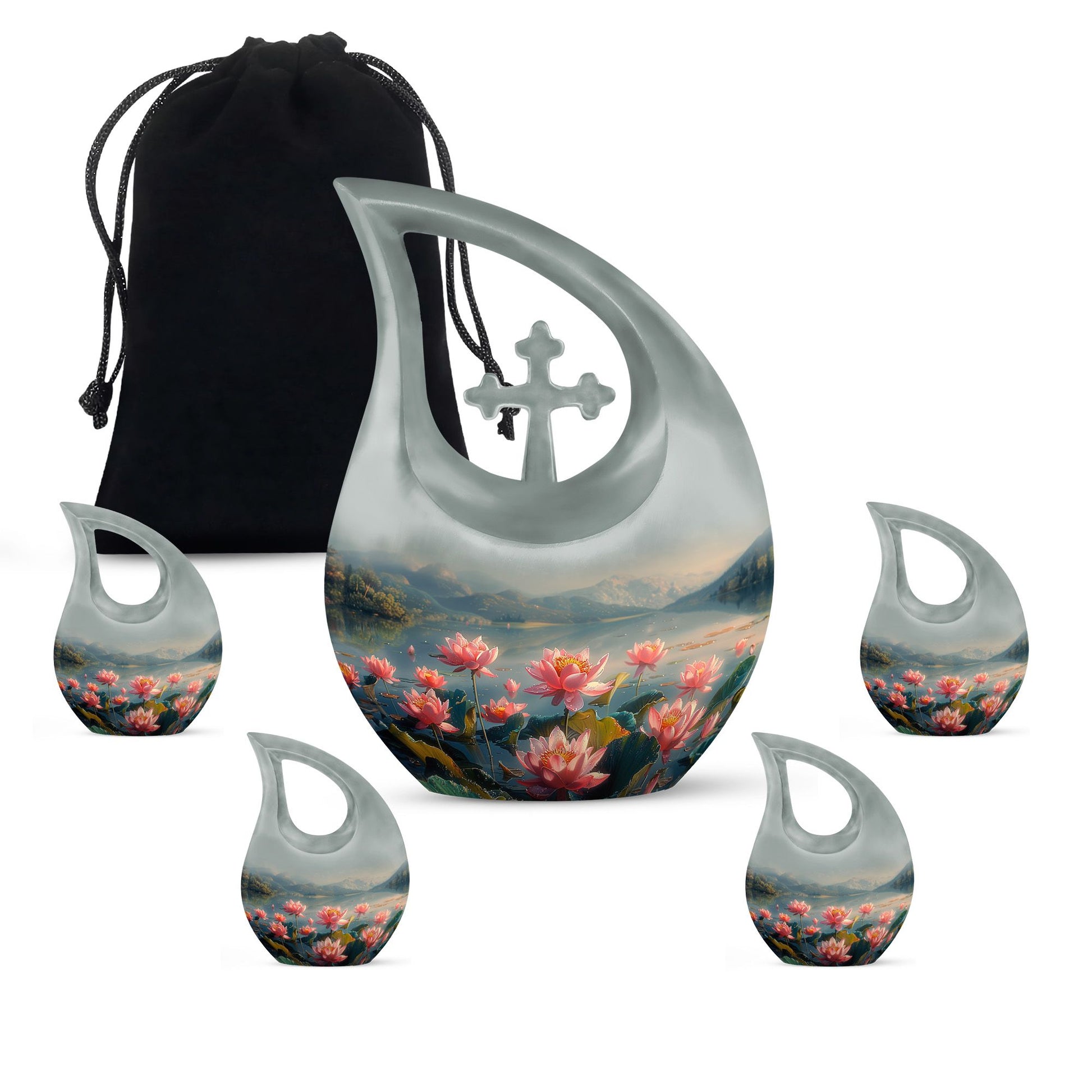 Lotus Theme Large Urn With 4 Keepsake Urn